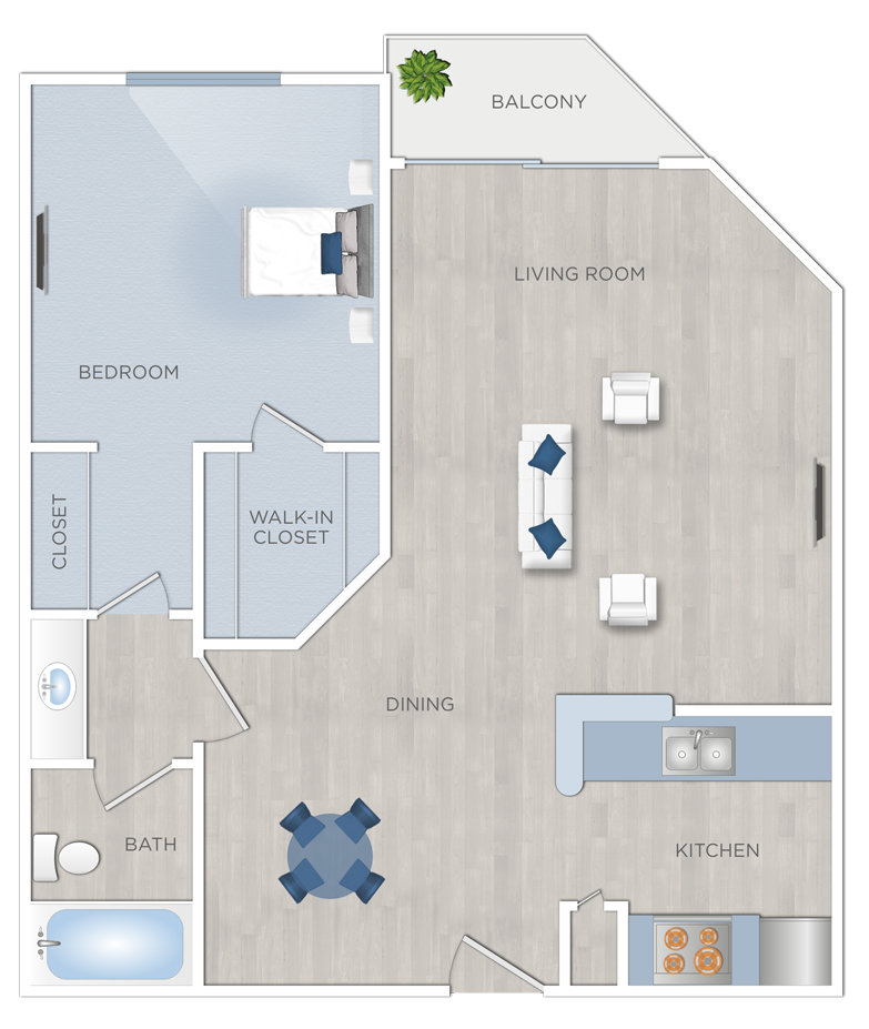 Floor plan for 1 bed, 1 bath, 688 sqft
